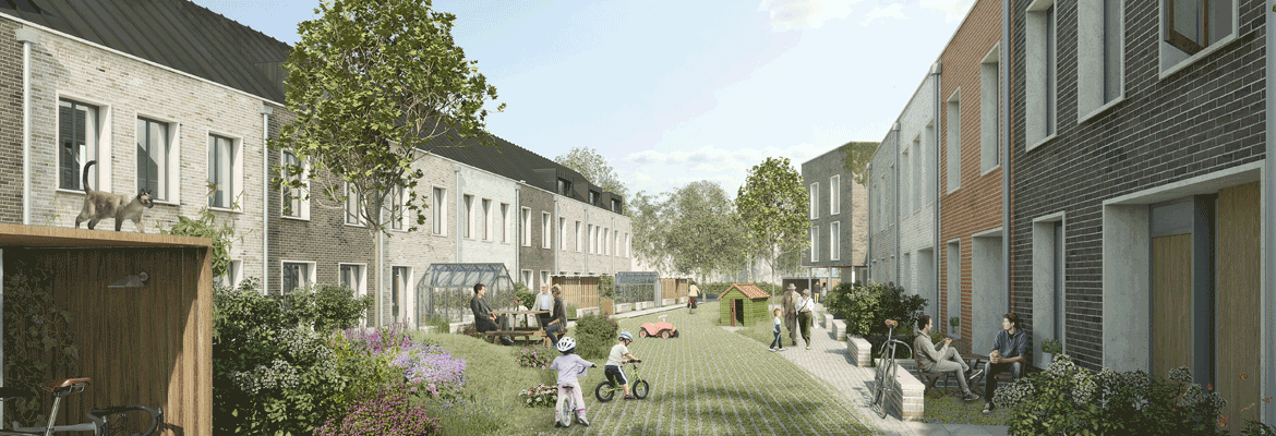 View of the proposed lane at K1 Cohousing, Cambridge