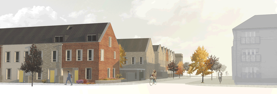 Proposed view of Topper Street at K1 Cohousing, Cambridge