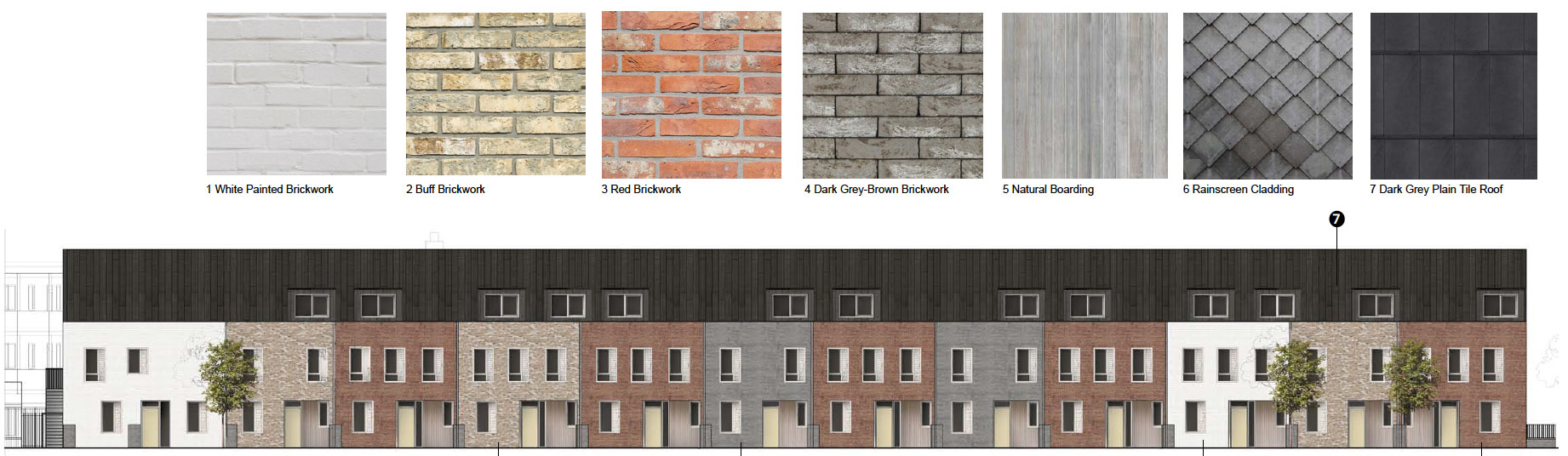Extract from the Marmalade Lane / K1 Design and Access Statement showing a number of brick shades - grey, buff, red and painted white - and other external materials and how these look on a terraced street elevation