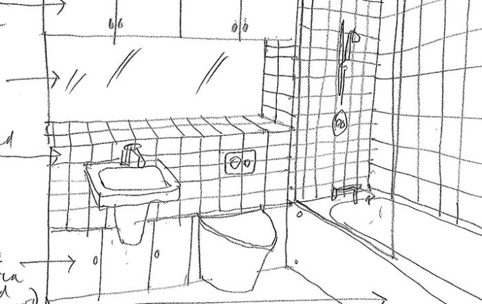 Pencil sketch drawing of a bathroom at Marmalade Lane showing a sink, toilet, bath with shower above and tiled walls