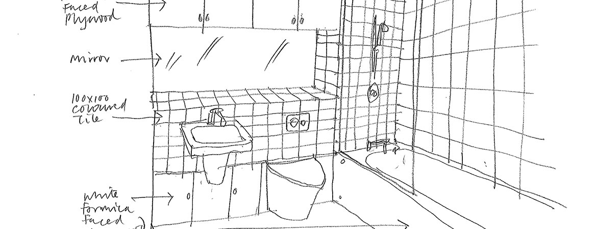 Pencil sketch drawing of a bathroom at Marmalade Lane showing a sink, toilet, bath with shower above and tiled walls