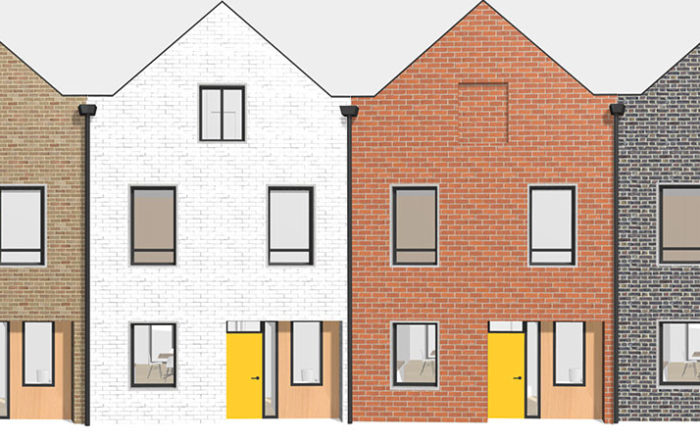 Computer image of four terraced custom build townhouses configured using the TOWN house configurator