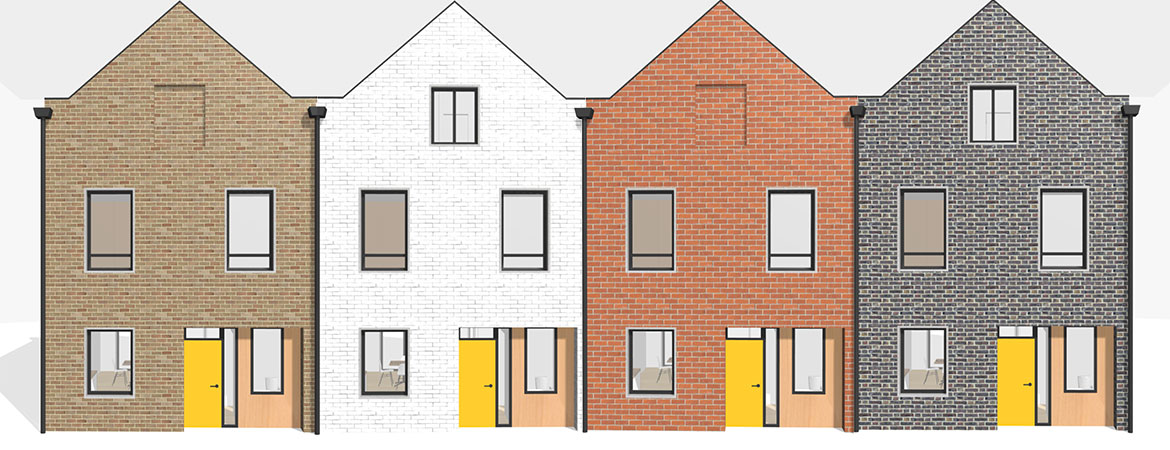 Computer image of four terraced custom build townhouses configured using the TOWN house configurator