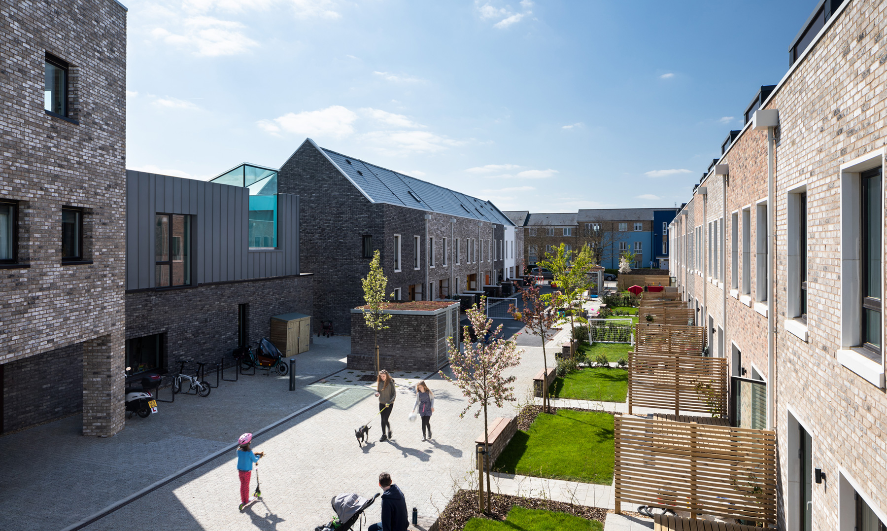 View of car free lane at Marmalade Lane Cohousing