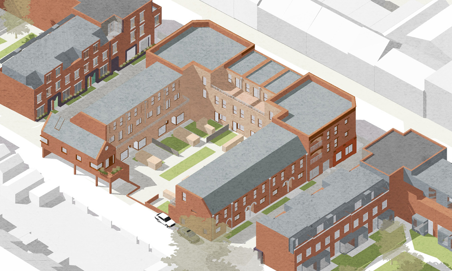 3D visualisation of Still Green Cohousing block within wider Love Wolverton scheme