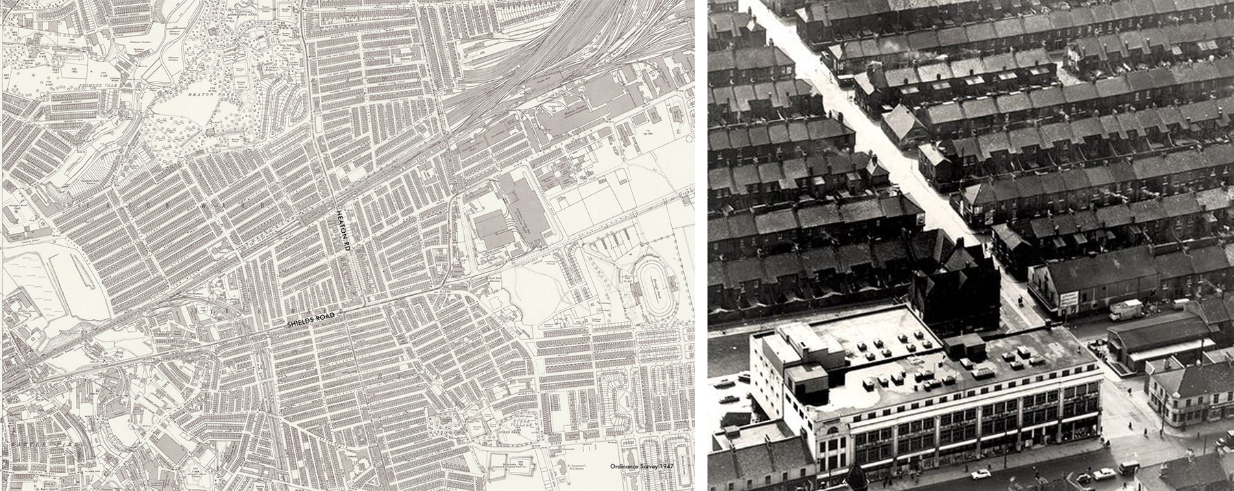 1947 Street Pattern and Aerial Image Showing Terraces off Shields Road © Newcastle Libraries