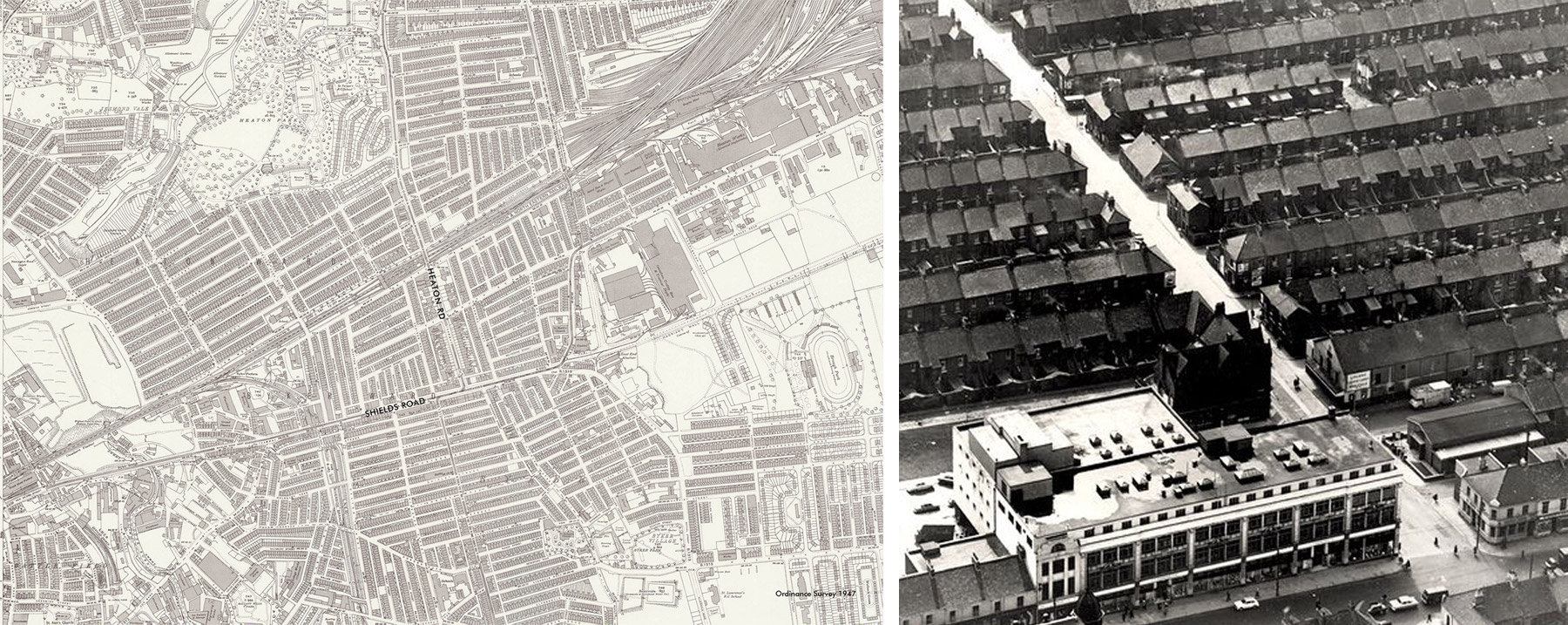 1947 Street Pattern and Aerial Image Showing Terraces off Shields Road © Newcastle Libraries 1947 Street Pattern and Aerial Image Showing Terraces off Shields Road © Newcastle Libraries